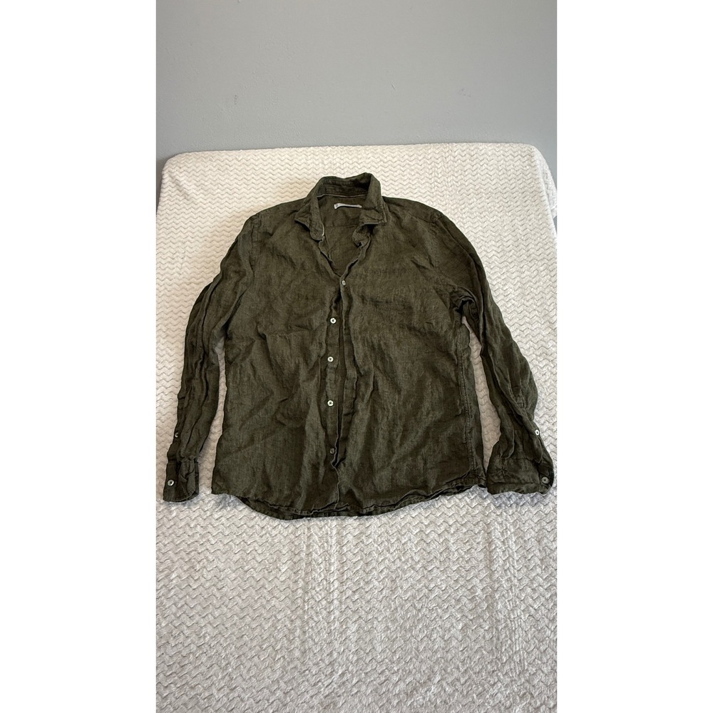 MNG Mango Women Olive Green 100% Linen Button Down Long Sleeve Shirt Size S